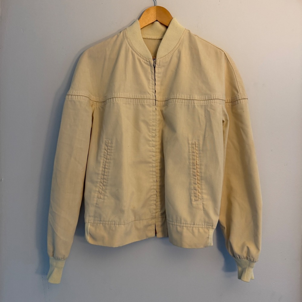 Vintage 60s 80s Talon Zipper Cotton Bomber Jacket Cream Mens Medium